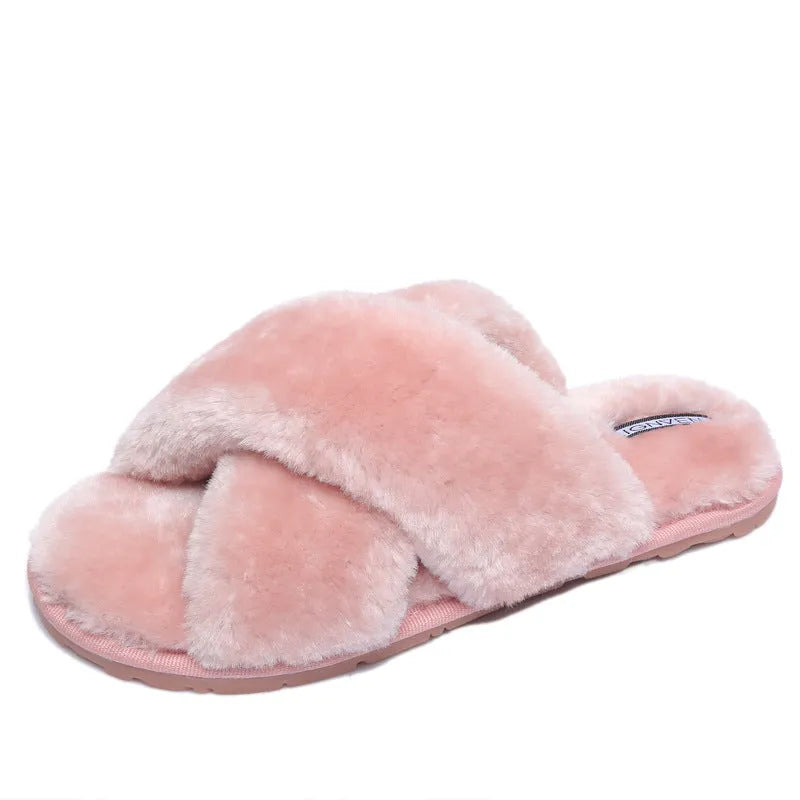 Cross open-toe fur slippers in black with a patterned non-slip rubber sole.
