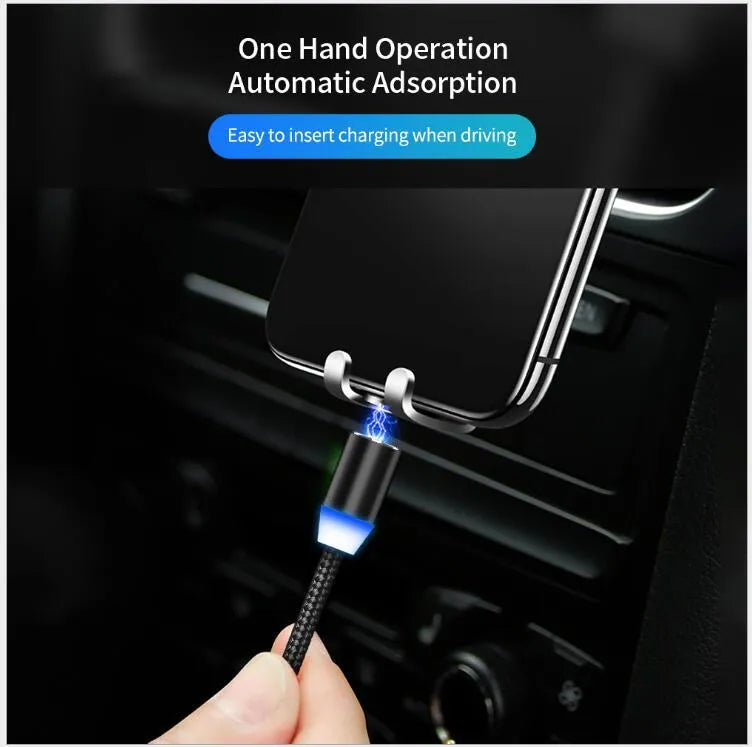 Black magnetic LED charging cable with aluminium shell and woven texture, showing LED light and connector.