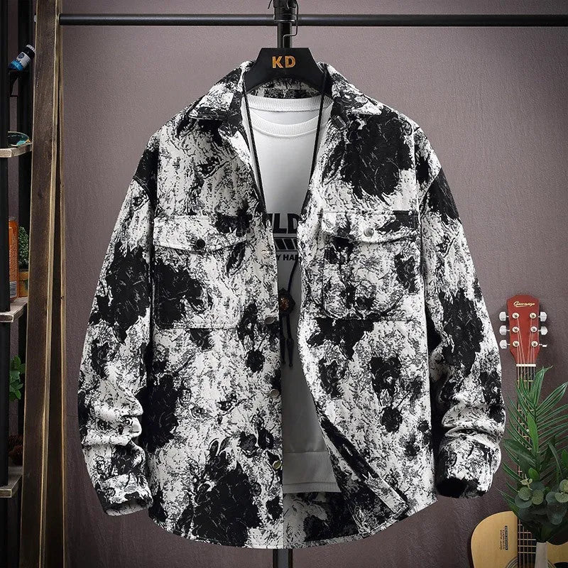 Men's casual lapel shirt coat in polyester, shown in a colour option like black or blue, with long sleeves and a straight hem.