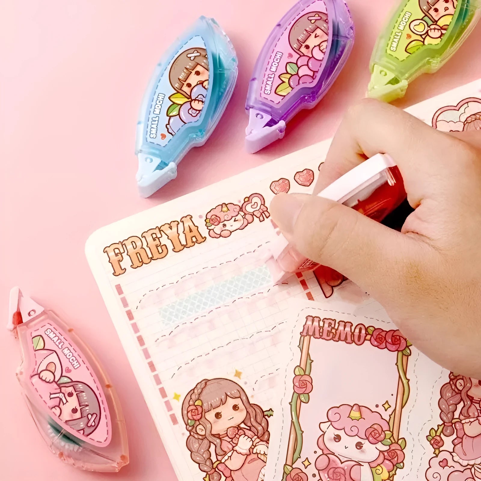 Hand account dotting glue in peach juice colour on card packaging, a high viscosity double-sided adhesive.