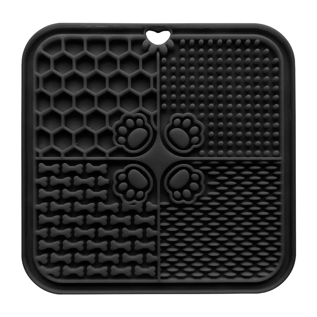 Silicone dog slow food mat in black with raised ridges to slow eating, anti-scatter design