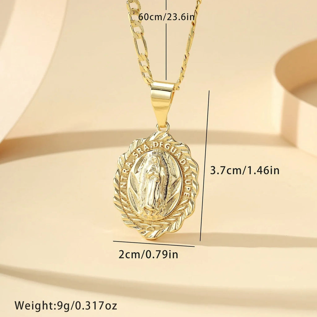 Copper electroplated Virgin Mary pendant necklace on adjustable chain, retro religious design