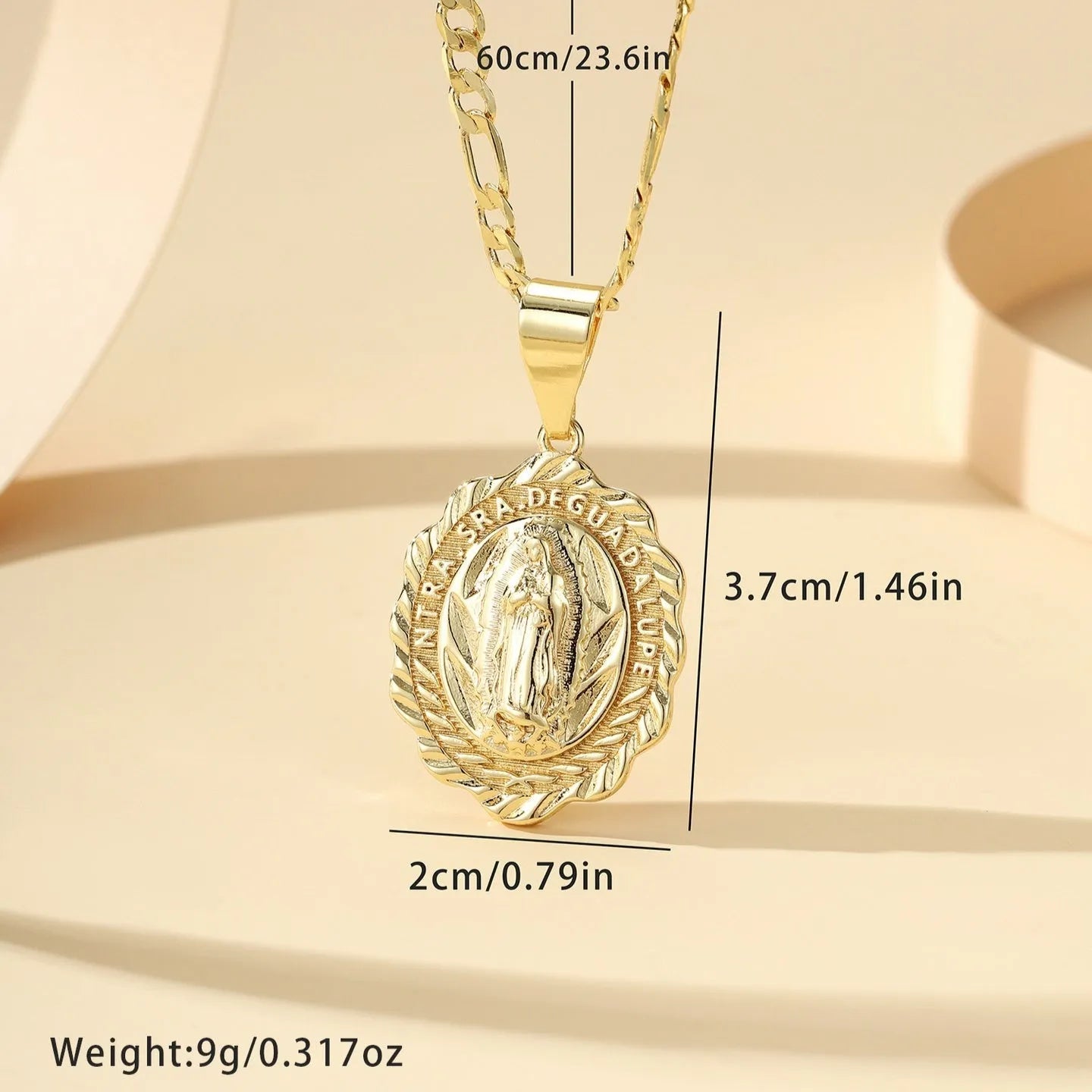 Copper electroplated Virgin Mary pendant necklace on adjustable chain, retro religious design
