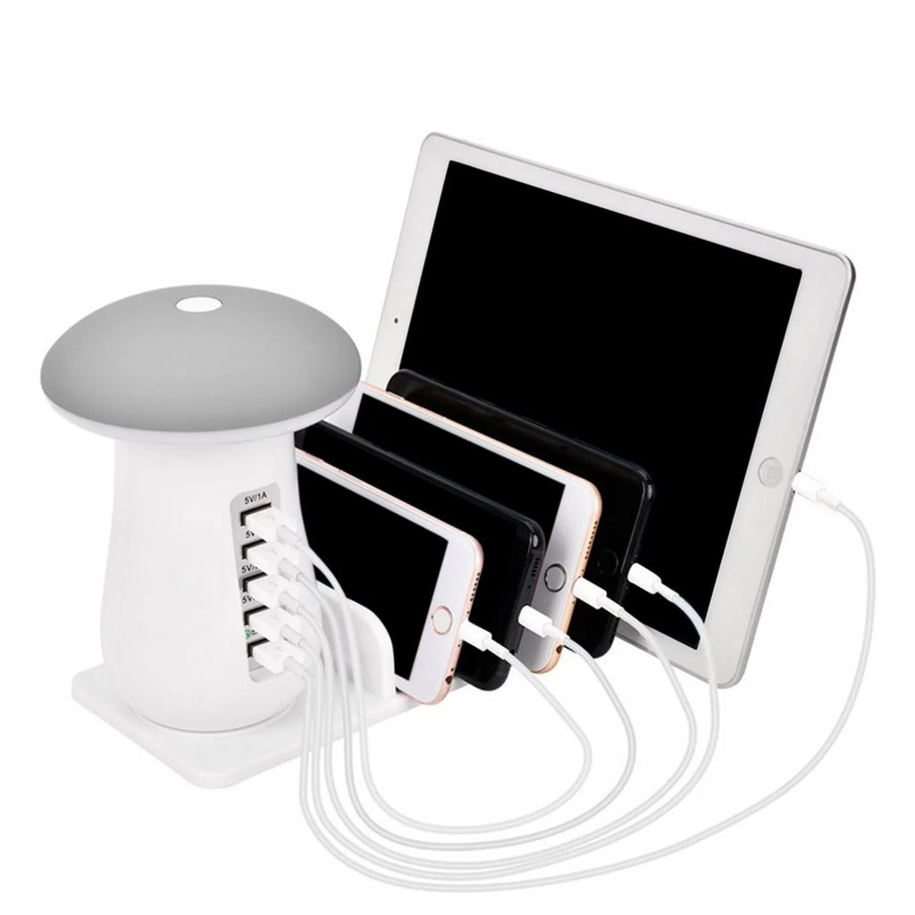 White mushroom-shaped USB charging station with LED light and five charging ports