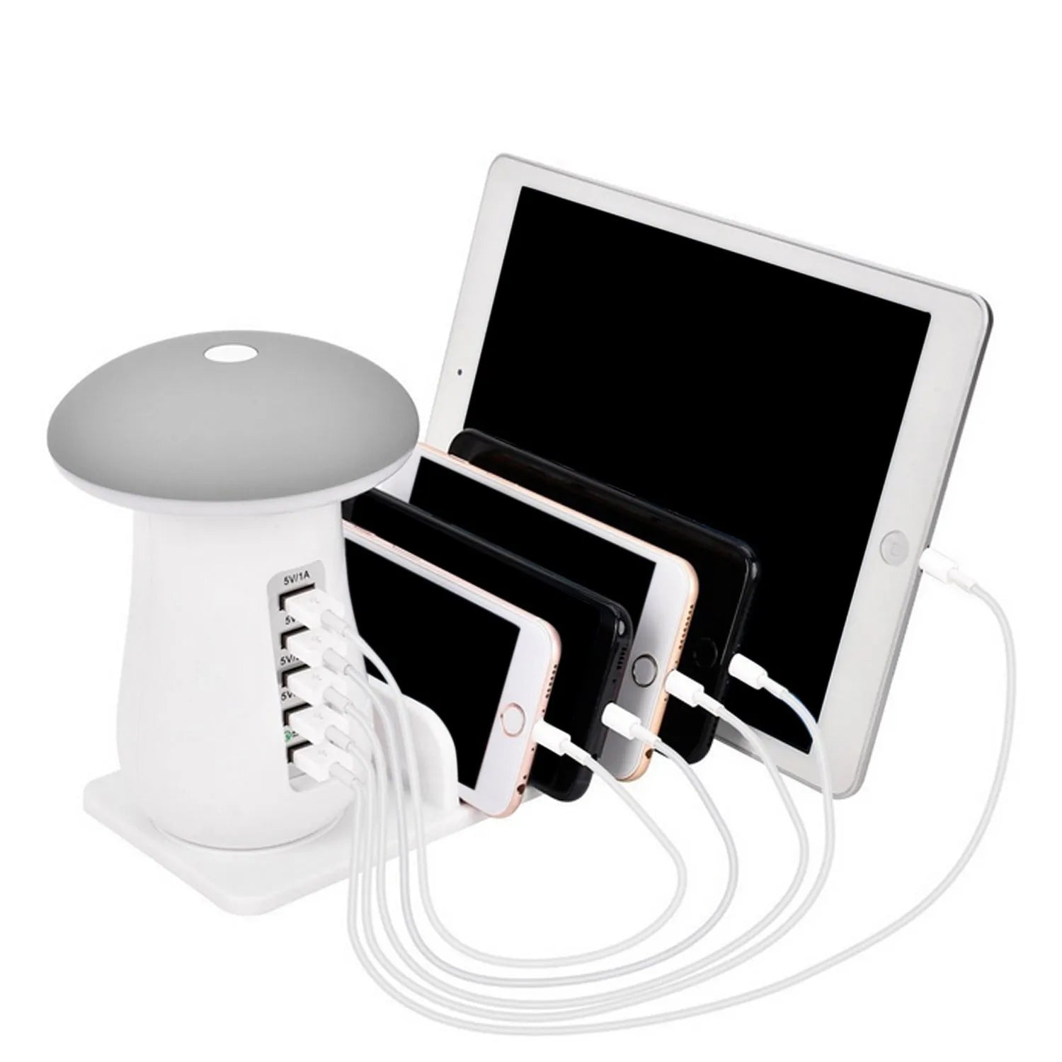 White mushroom-shaped USB charging station with LED light and five charging ports