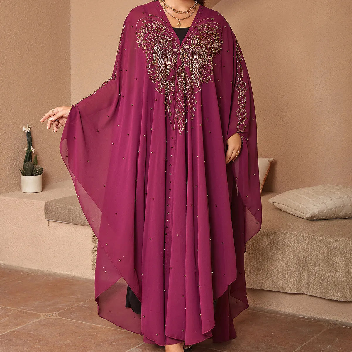 Long purple chiffon shawl with rhinestone beading, draped to show length and detail.