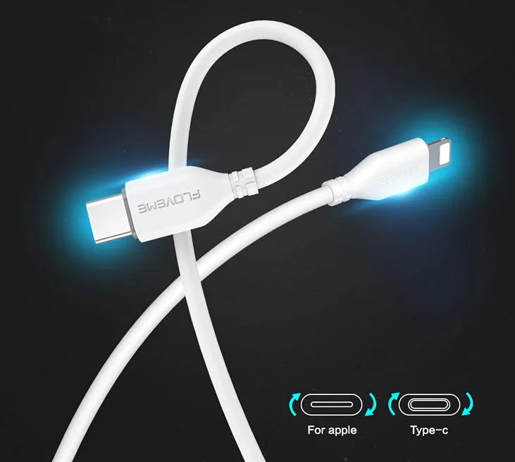 White nylon braided USB-C to Lightning charging cable, 1.8 metres long, shown coiled.