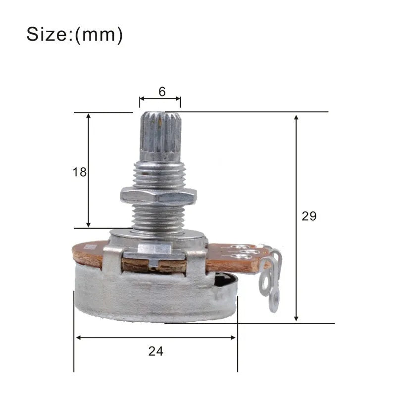 A single metal potentiometer knob for an electric guitar, shown with labels for A500K, B500K, A250K, and B250K variants.