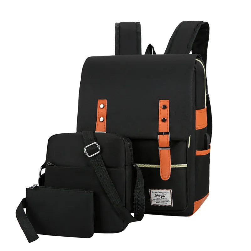 Three-piece compartment backpack in Oxford cloth, shown in black, blue, grey, or wine red.