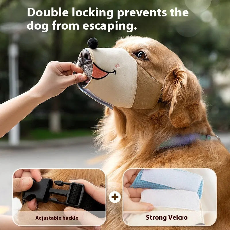 Adjustable canvas dog muzzle in Ollie Brown Bear colour, shown on a dog's snout with straps fastened.