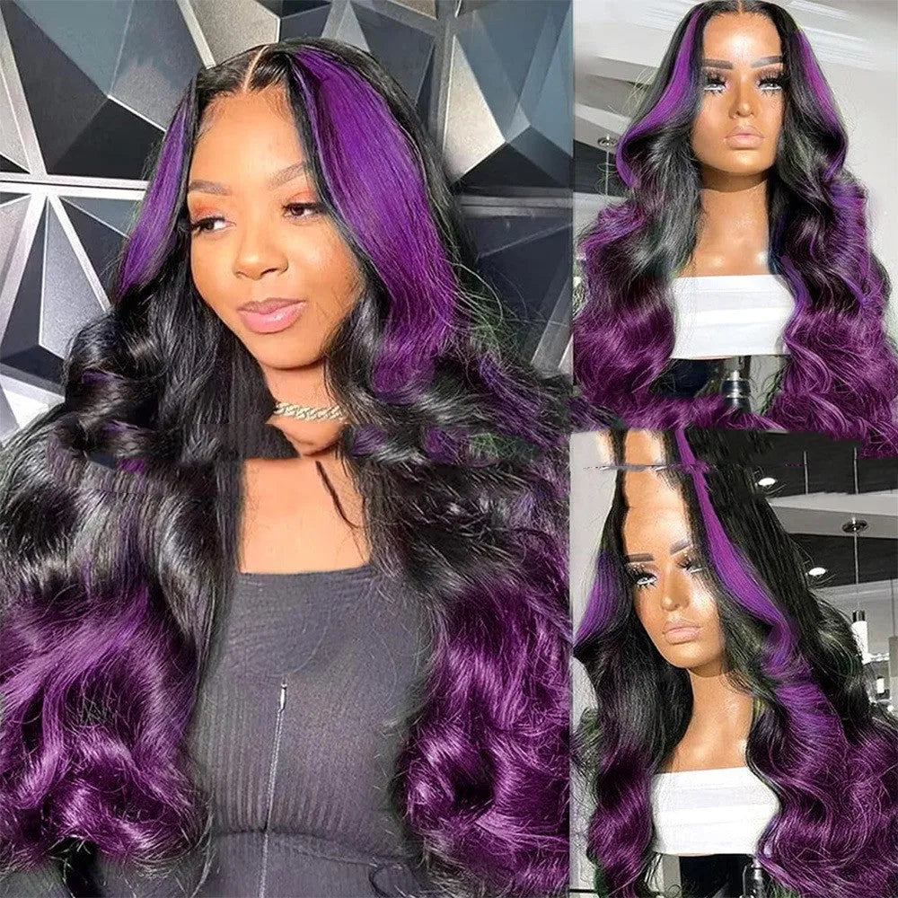 Gradient purple human hair wig with 13x6 lace front shown in Ruili style
