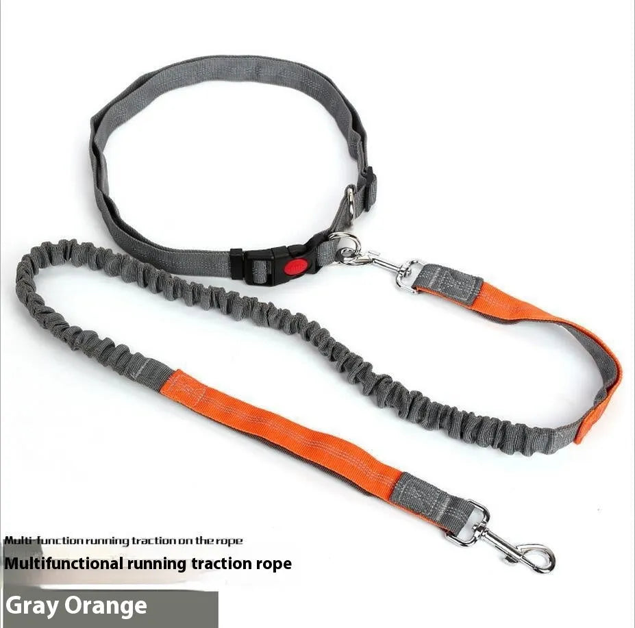 Outdoor running dog leash with night reflective filament sling and elastic adjustment in nylon construction