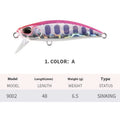 Tossing Japanese Submerged Mino hard fishing lure, 48mm long, shown in one of fourteen colour variations for predator fishing.