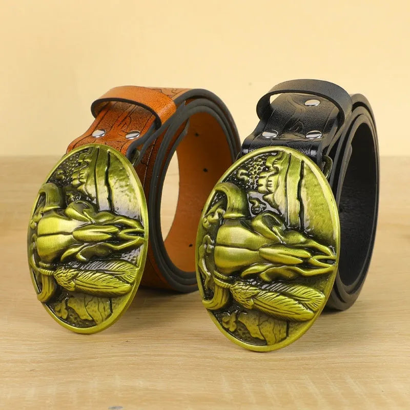 Men's brown imitation leather belt with a detailed silver alloy cow head buckle and pin buckle fastening.