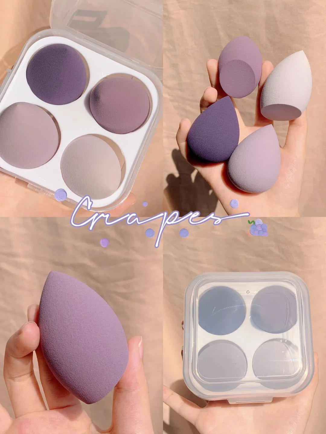 Makeup egg box with four synthetic sponge beauty eggs in different colours
