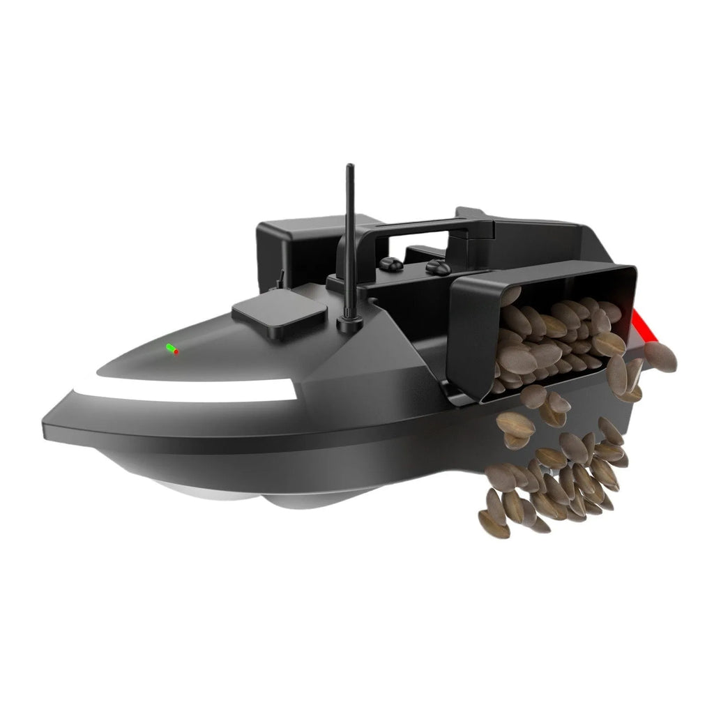 V020 GPS remote control fishing boat in luminous yellow on water, showing remote control unit and carry bag.
