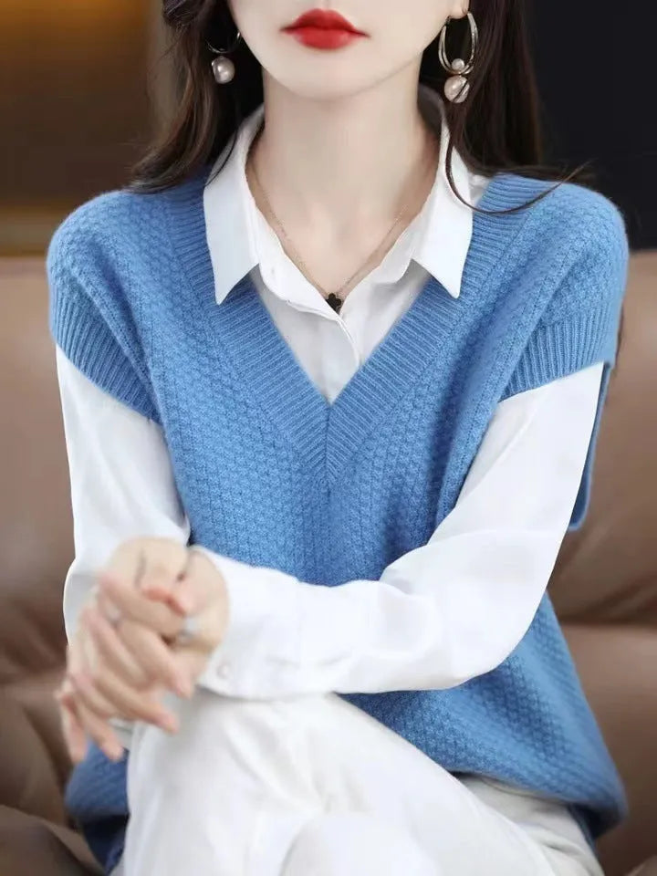 3D pattern knitted sleeveless pullover vest in acrylic fibre, V-neck design