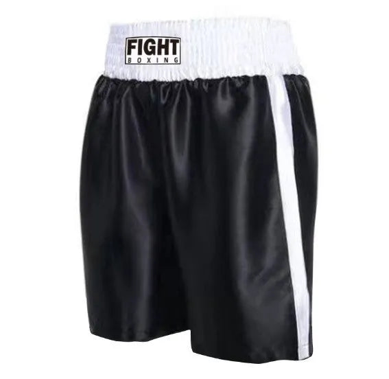 Boxing shorts for kickboxing in multiple colour combinations with striped waistband designs, sizes XS to XXXL