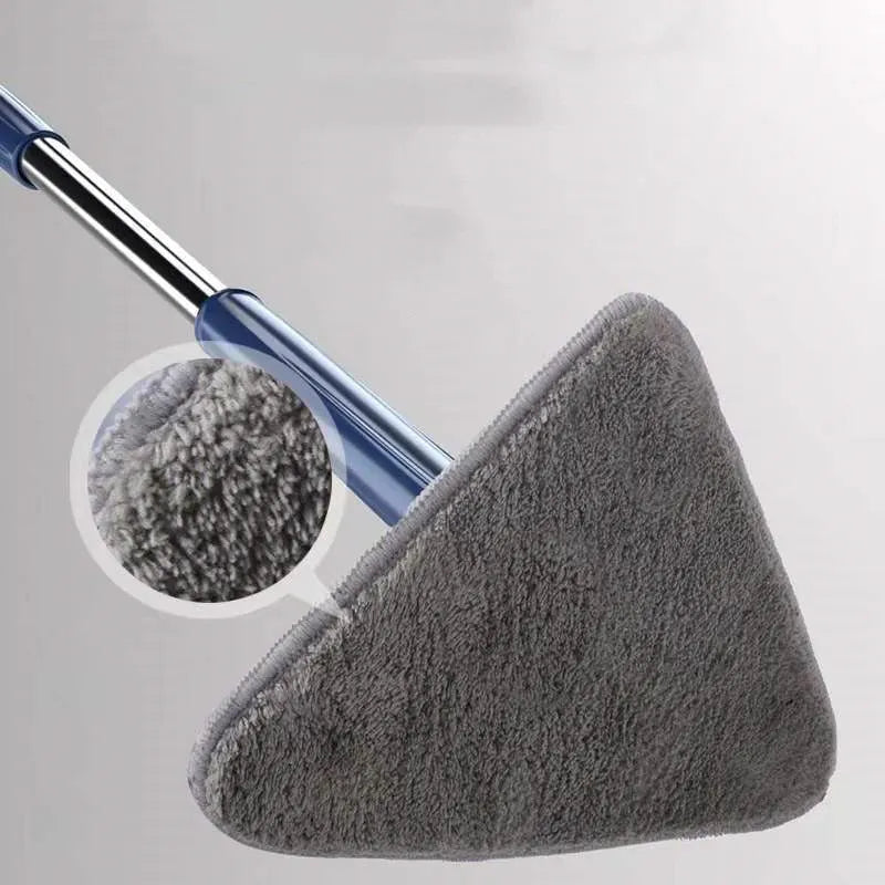 Blue and white extendable triangle cleaning mop with a rotating head on a long stainless steel pole.