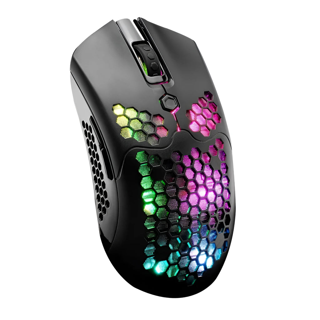 Free Wolf X2 wireless RGB gaming mouse in black on a mouse pad, showing ambidextrous shape and side buttons.