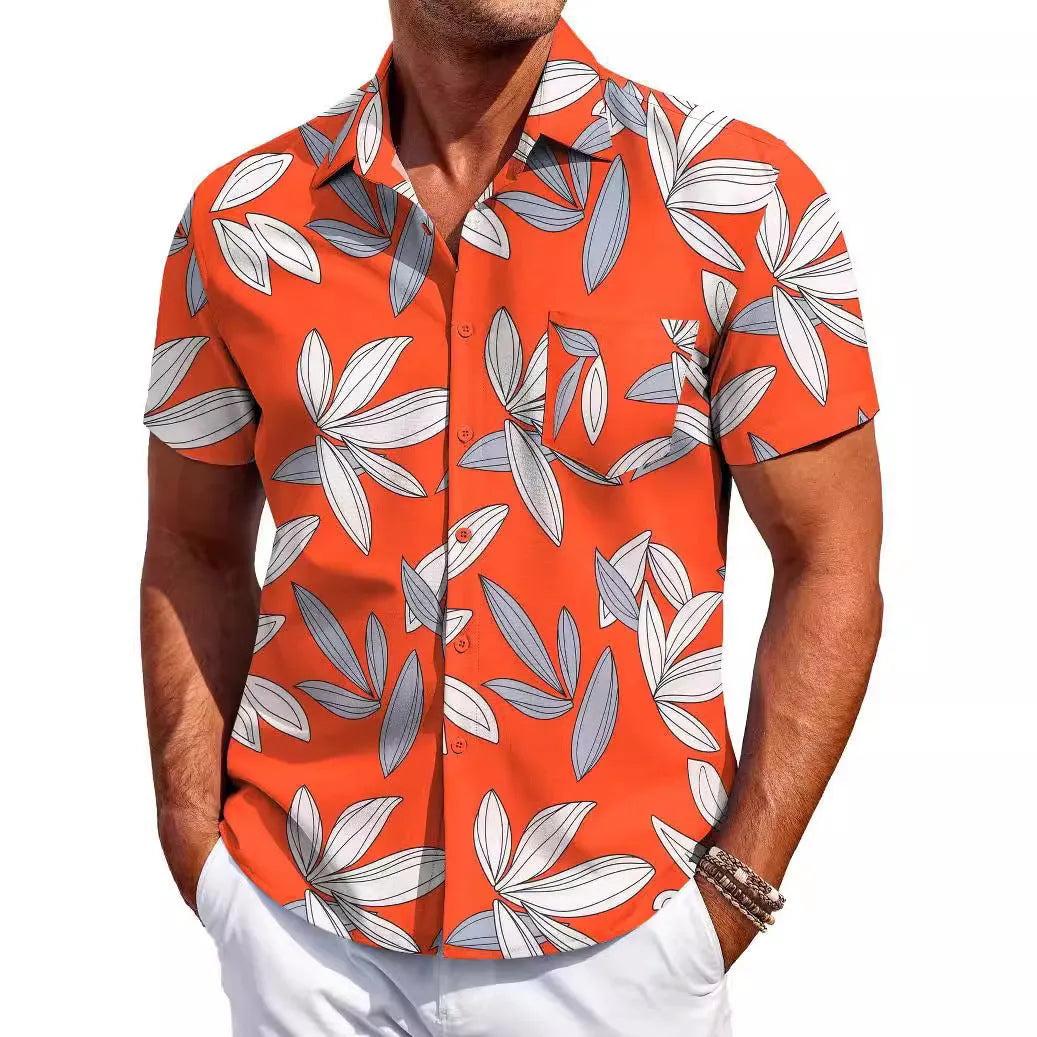 Men's slim fit Hawaiian short sleeve cardigan shirt in elastic polyester fabric on a model.
