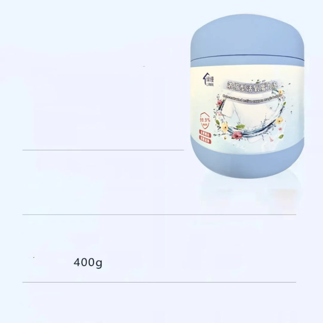 Bottle of 400g active oxygen bleaching powder for laundry stain removal.