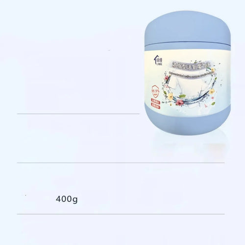 Bottle of 400g active oxygen bleaching powder for laundry stain removal.