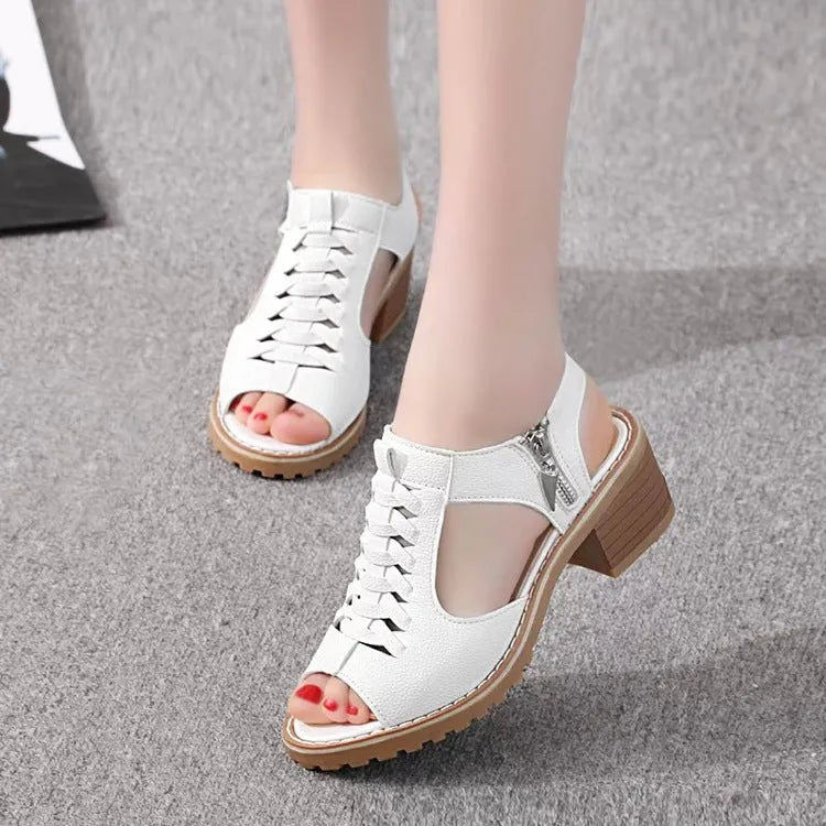 Women's retro pure colour sandals with side zipper and middle heel on beef tendon sole.