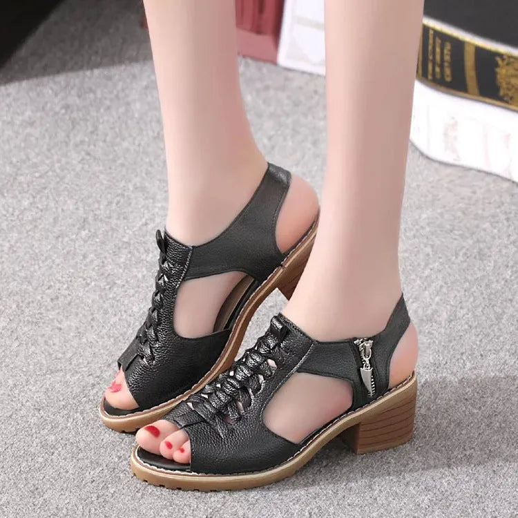 Women's retro pure colour sandals with side zipper and middle heel on beef tendon sole.