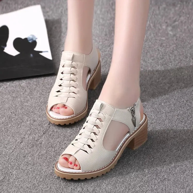 Women's retro pure colour sandals with side zipper and middle heel on beef tendon sole.