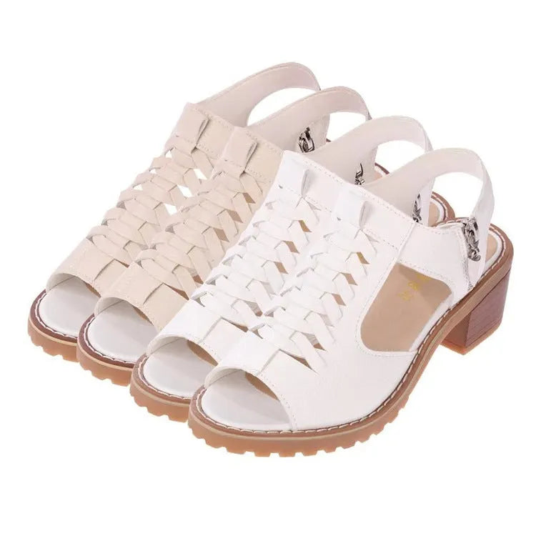 Women's retro pure colour sandals with side zipper and middle heel on beef tendon sole.