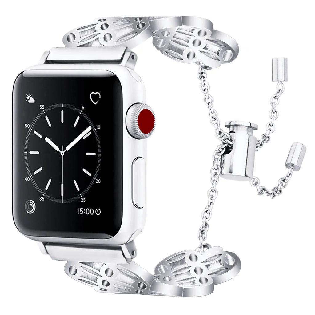 Stainless steel metal watch band compatible with Apple Watch Series with butterfly clasp