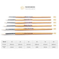Six wooden hook line pen brushes with pointed handles and fine brush nibs arranged as a set
