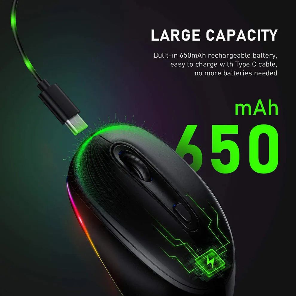 Wireless computer mouse with USB charging cable showing compact design and ergonomic shape