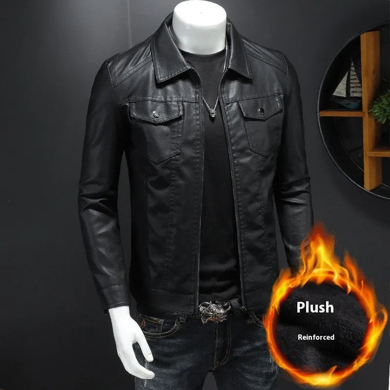 Men's PU leather quilted casual jacket, short length, side seam pockets, nylon lining, regular fit.