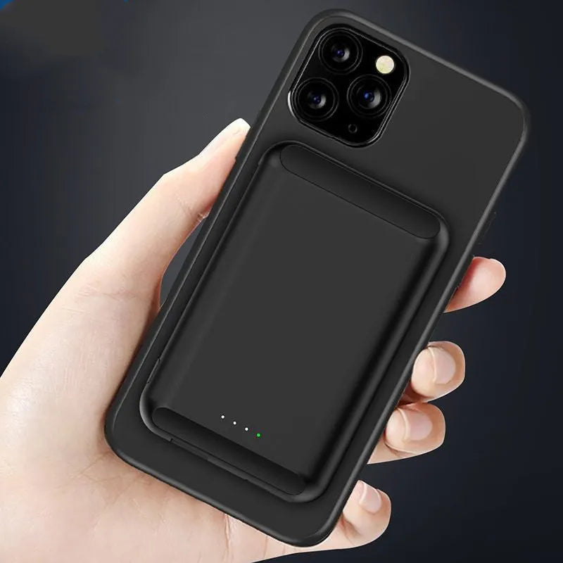 Son magnetic wireless power bank in black, blue, green, pink, or white, showing compact 85mm x 55mm size.