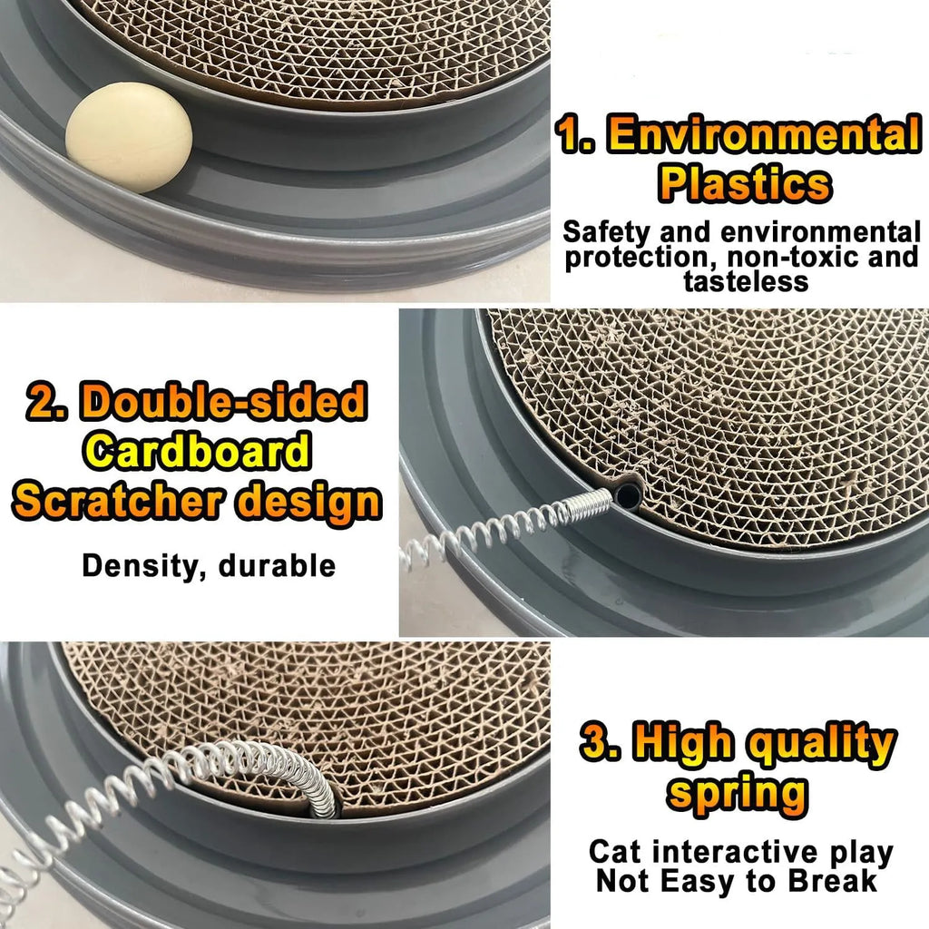 Blue interactive cat scratcher toy with ball in track and replaceable cardboard pad.