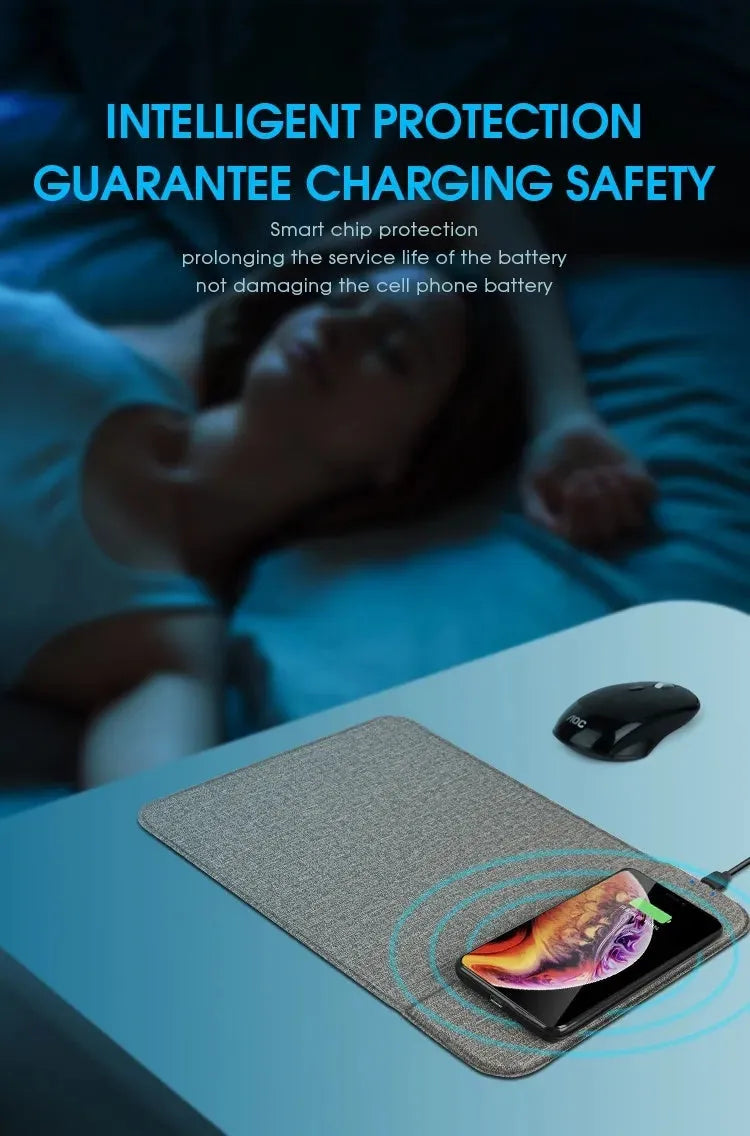 Black foldable fabric wireless charging phone holder standing upright on a desk.