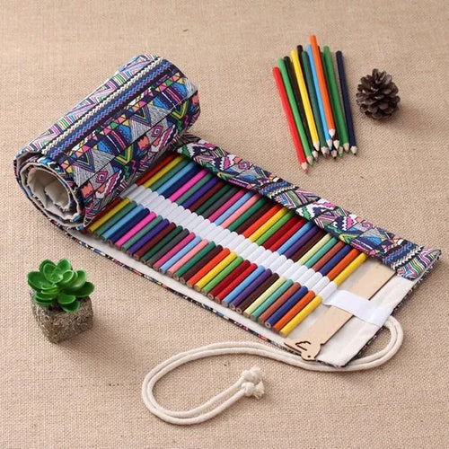 Rolled canvas pencil wrap with elastic bands holding coloured pencils, in 48-slot configuration