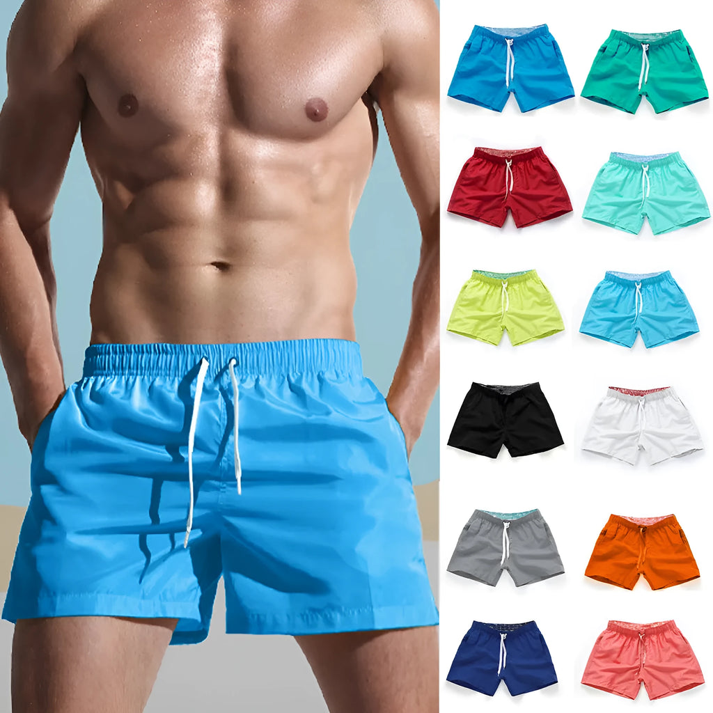 Men's straight leg polyester beach shorts in multiple colours with extended sizing options