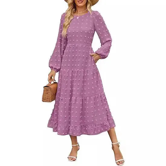 Women's beige long sleeve casual dress with high waist and ruffle sleeves on a model.