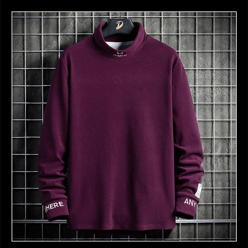 Mens long sleeved high collar polyester casual shirt in grey, embroidery detail, autumn winter
