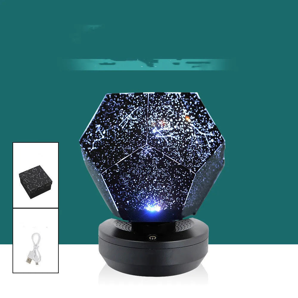 LED starry sky projector night lamp showing constellation projections on a bedroom ceiling with remote control