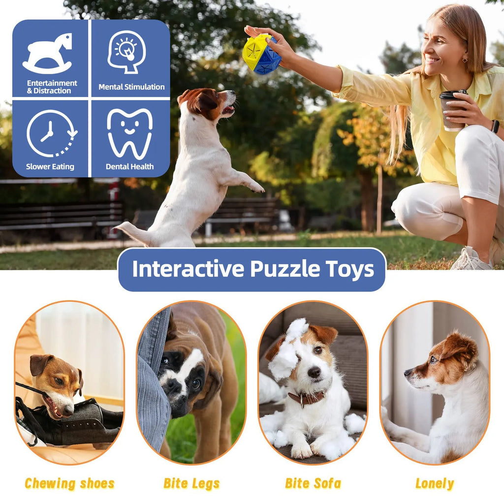 Blue and red hollow dog puzzle ball for treat dispensing and interactive play