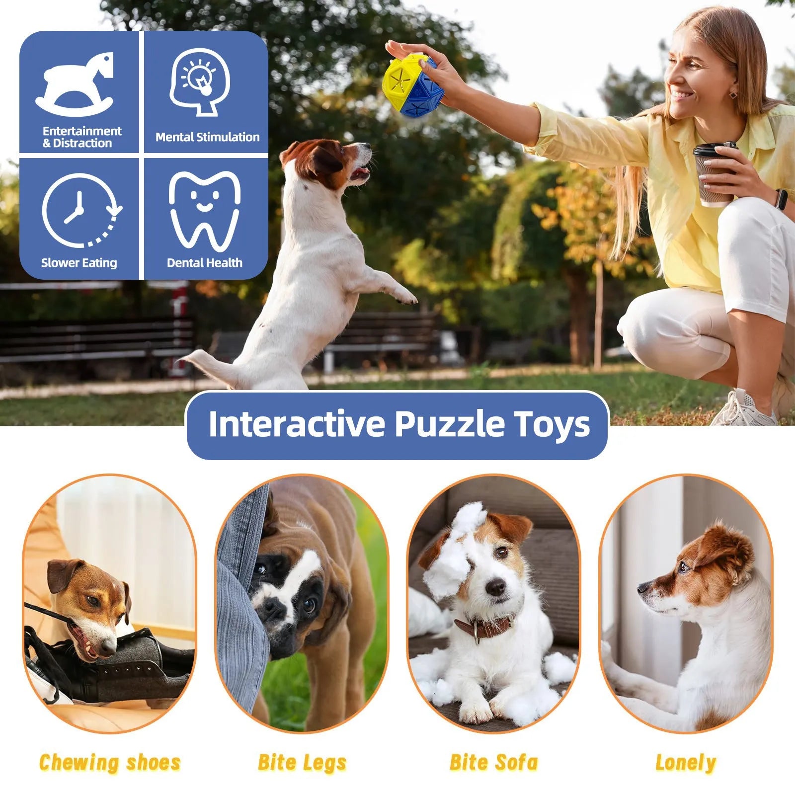 Blue and red hollow dog puzzle ball for treat dispensing and interactive play