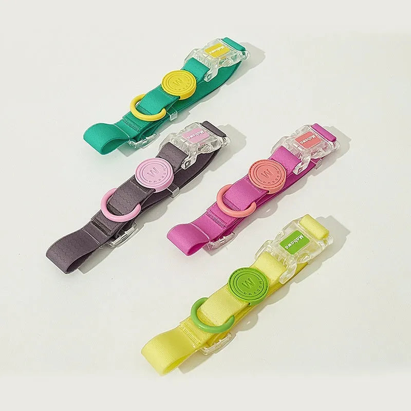 Nylon dog collar and hand holding rope set in four colours smoky gray new green lemon yellow rose pink