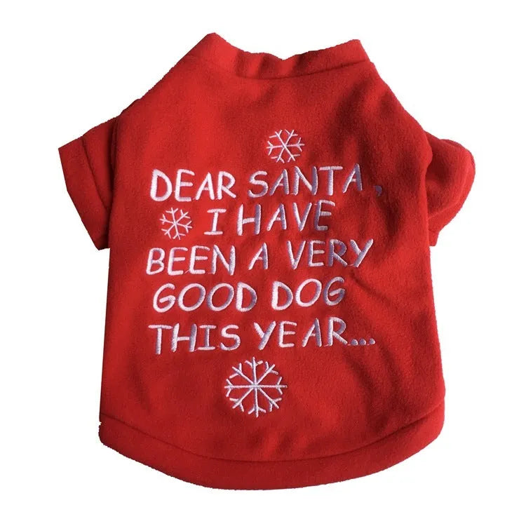 Christmas pet sweater in fleece with red letters or red snowflakes, sizes XS S M L