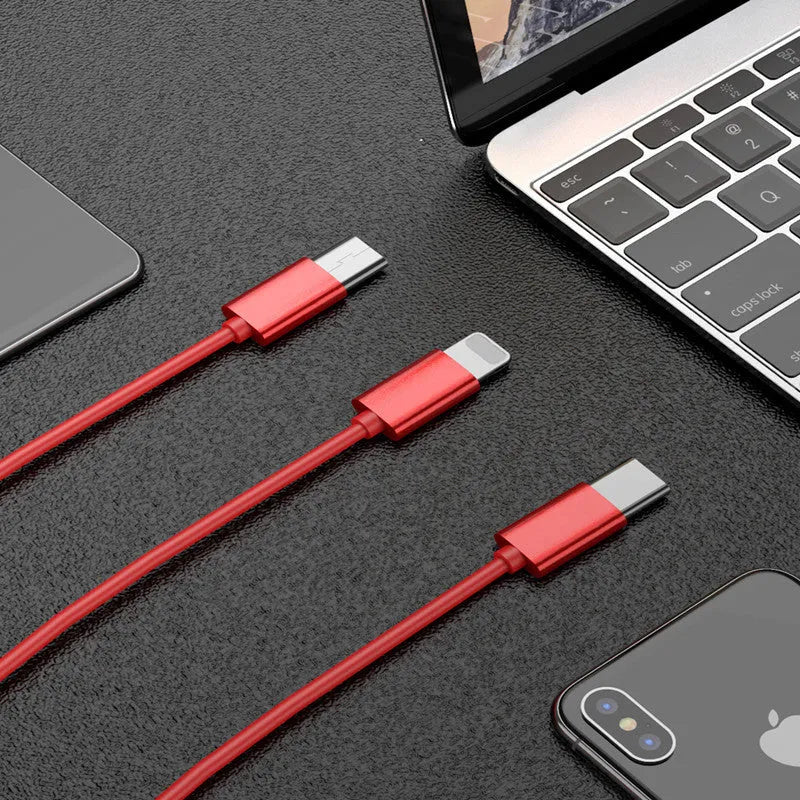 One For Three telescopic data cable 120cm with Apple Android Type-C connectors in multiple colours