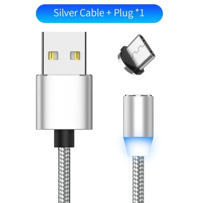 Black magnetic LED charging cable with aluminium shell and woven texture, showing LED light and connector.