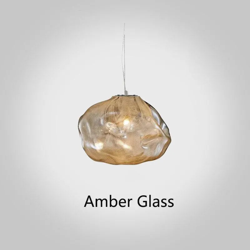 Postmodern style fabric chandelier with glass shade, shown in amber, clear, and smoke grey colours.